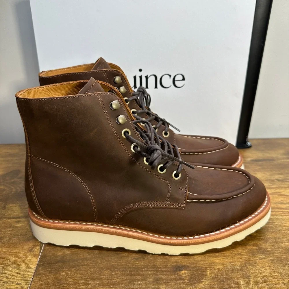 Quince Mens Leather Moc Toe Boots Brown Cowhide Wedge Sole‎ 10.5